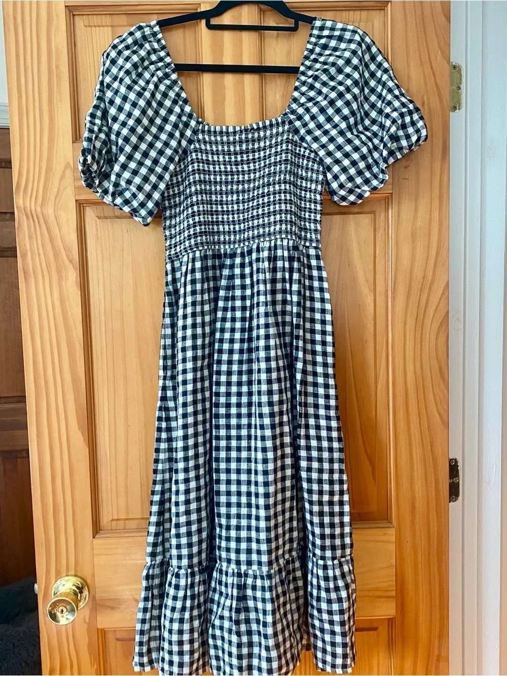 J.Crew 100% Linen Gingham Smocked Puff Sleeve Midi Dress XS